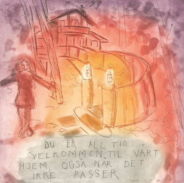 Du er alltid velkommen til vårt hjem - rød av Björg Thorhallsdottir